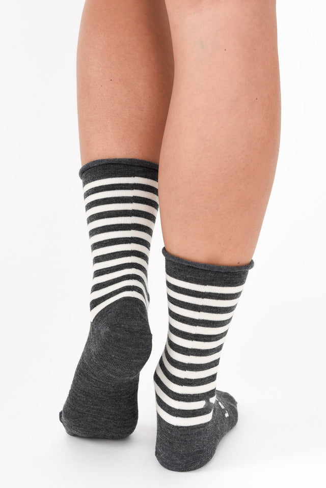 Grey Stripe Merino Wool Rolled Crew Socks image 4