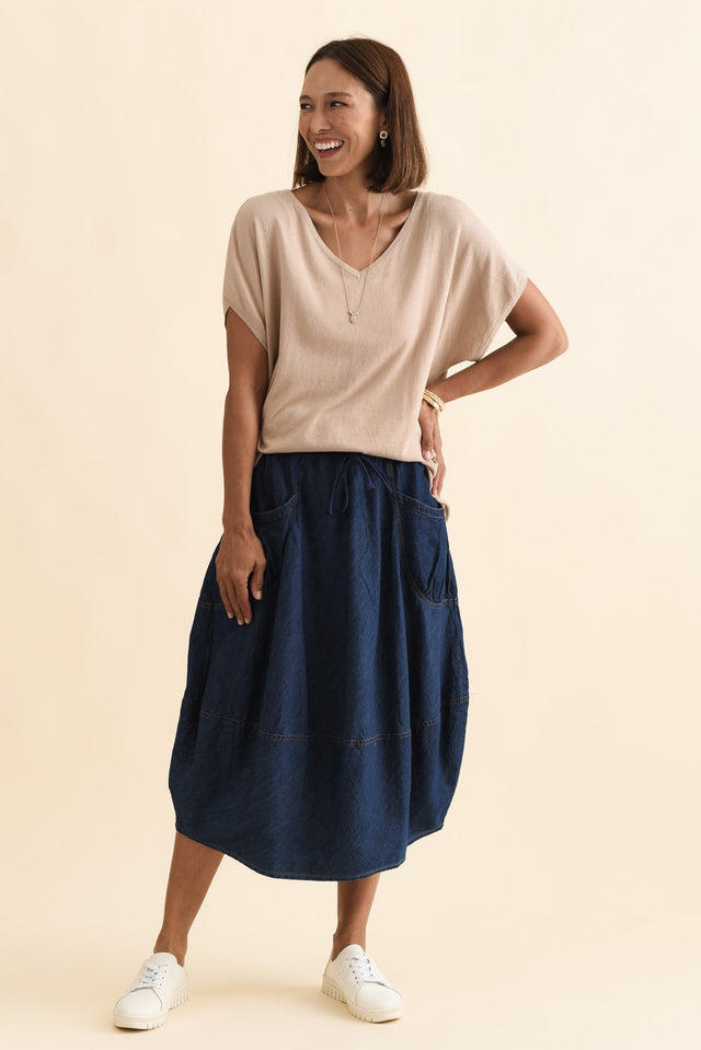Gwen Blue Denim Pocket Skirt,Brunette model,alt text|model:Cara image 7