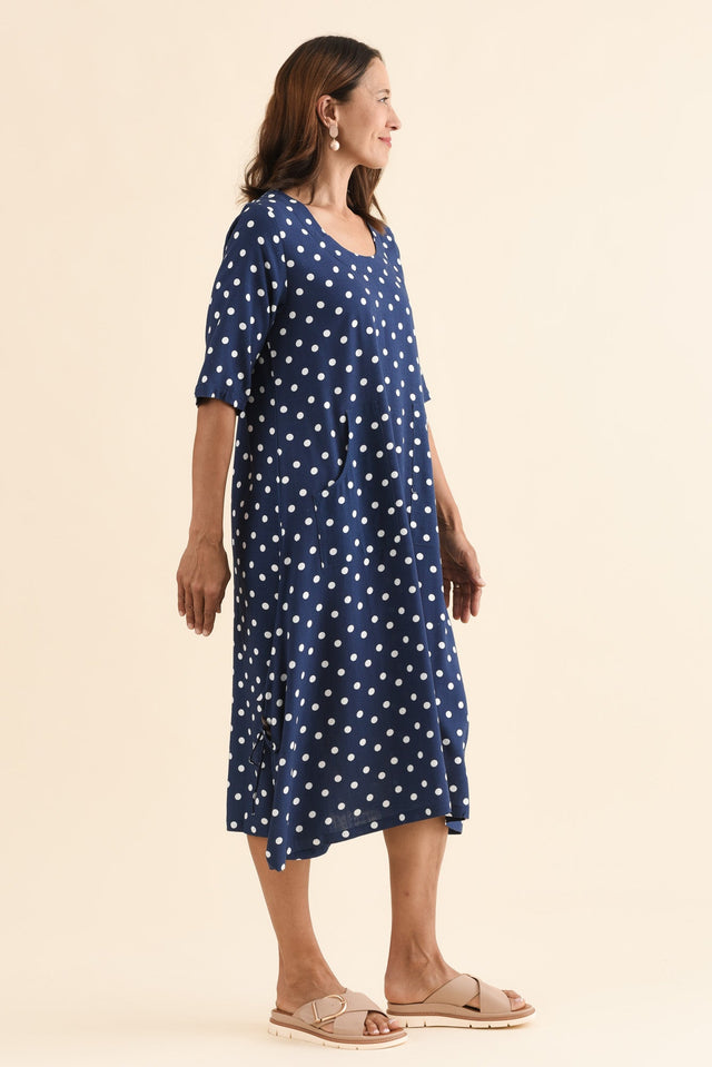 Hailee Navy Spot Linen Cotton Dress,Side,Brunette model,alt text|model:Cara image 3