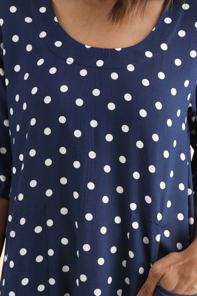 Hailee Navy Spot Linen Cotton Dress,Detail,Brunette model,alt text|model:Cara image 5
