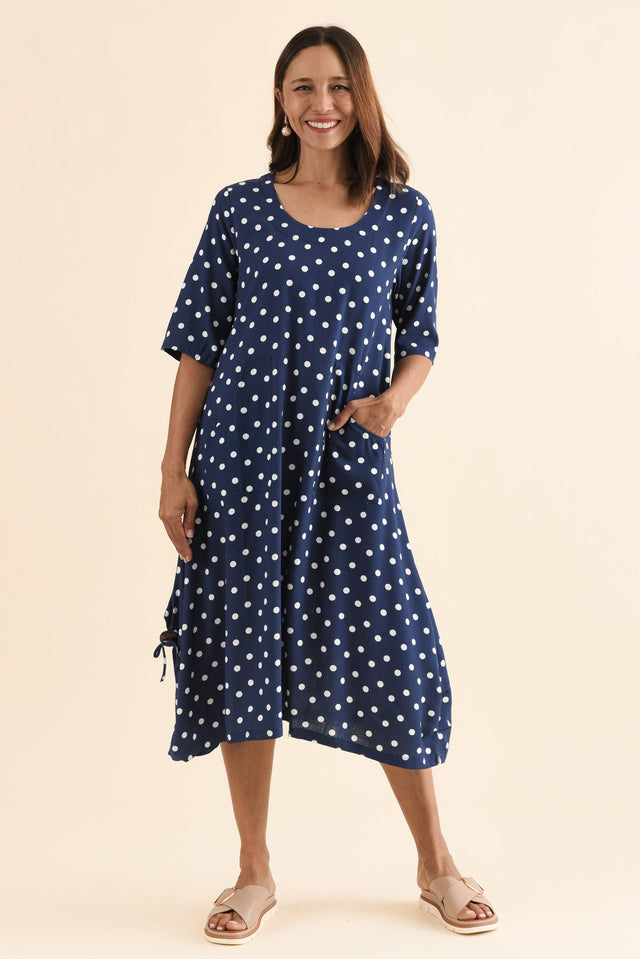Hailee Navy Spot Linen Cotton Dress,Front,Brunette model,alt text|model:Cara image 1