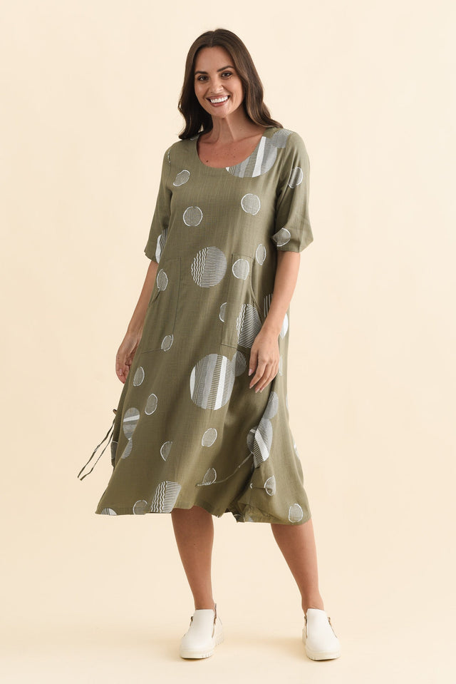Hailee Olive Spot Linen Cotton Dress,Brunette model,alt text|model:MJ image 7