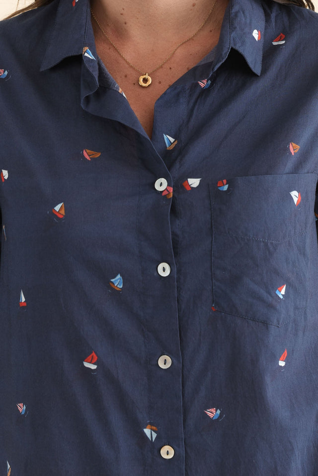 Hailey Navy Nautical Cotton Button Kaftan,Detail,Brunette model,alt text|model:MJ image 5