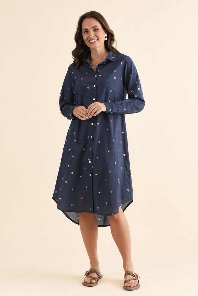 Hailey Navy Nautical Cotton Button Kaftan,Full Body,Brunette model,alt text|model:MJ