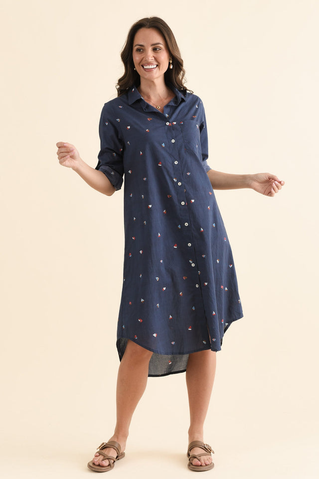 Hailey Navy Nautical Cotton Button Kaftan,Full Body,Brunette model,alt text|model:MJ image 6