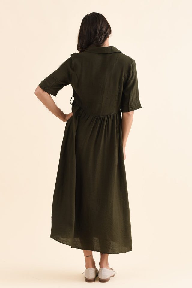 Hamlin Olive Collared Tie Dress,Back,Brunette model,alt text|model:Brontie image 4