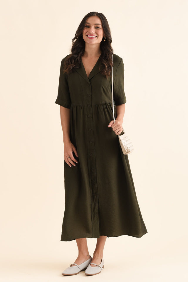 Hamlin Olive Collared Tie Dress,Front,Brunette model,alt text|model:Brontie
