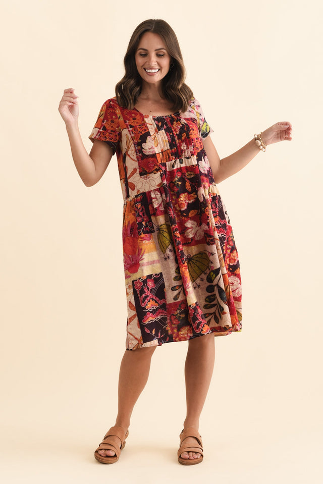Hanoi Red Mosaic Cotton Blend Dress,Brunette model,alt text|model:MJ image 7