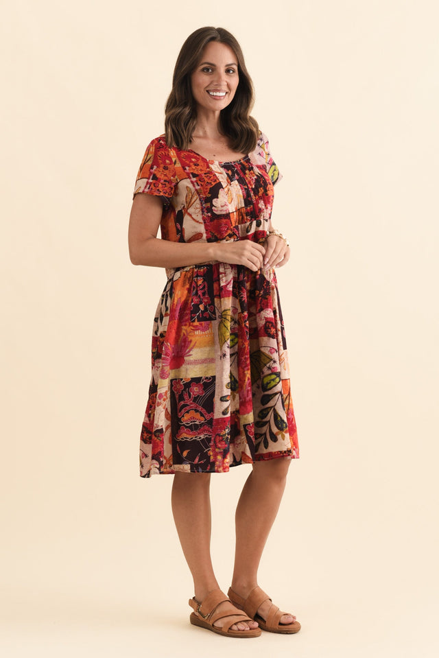Hanoi Red Mosaic Cotton Blend Dress,Brunette model,alt text|model:MJ image 4