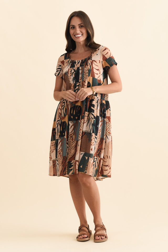 Hanoi Tan Mosaic Cotton Blend Dress,Brunette model,alt text|model:MJ image 7