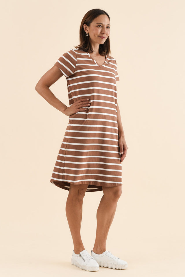 Harley Chocolate Stripe Cotton Tee Dress,Side,Brunette model,alt text|model:Cara image 3
