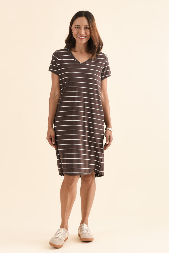 Harley Dark Brown Stripe Cotton Tee Dress,Full Body,Brunette model,alt text|model:Cara