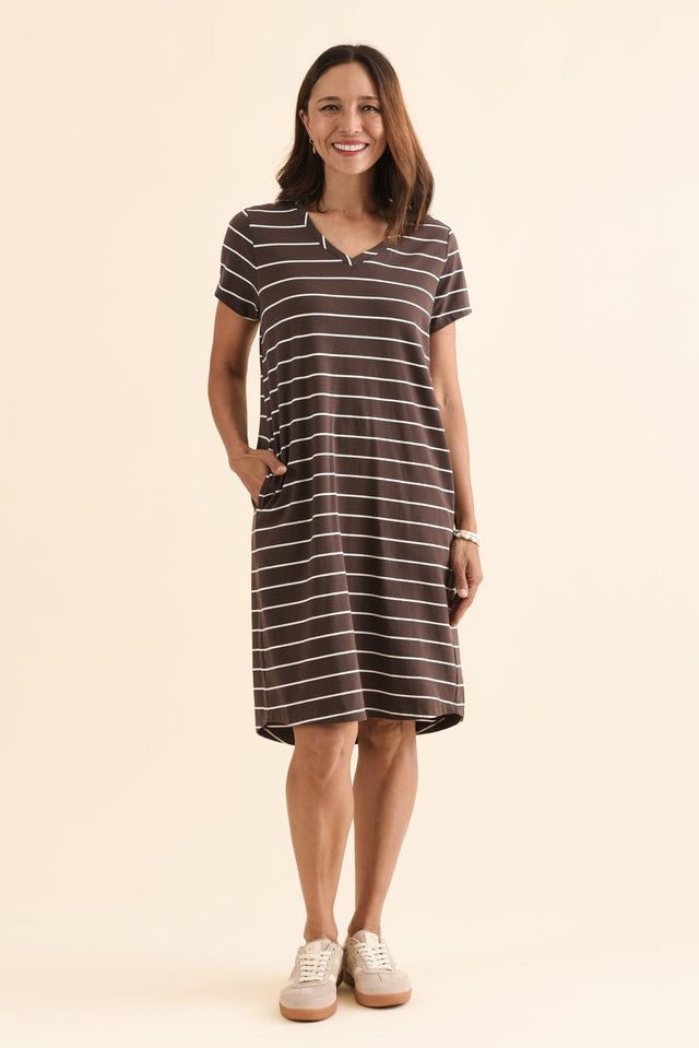 Harley Dark Brown Stripe Cotton Tee Dress,Front,Brunette model,alt text|model:Cara