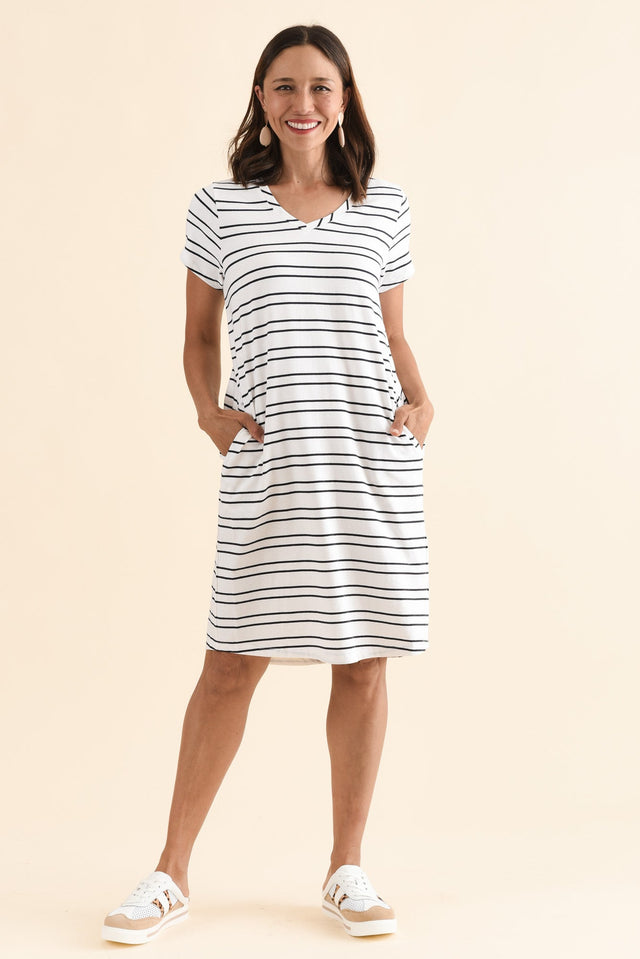 Harley White Stripe Cotton Tee Dress,Front,Brunette model,alt text|model:Cara