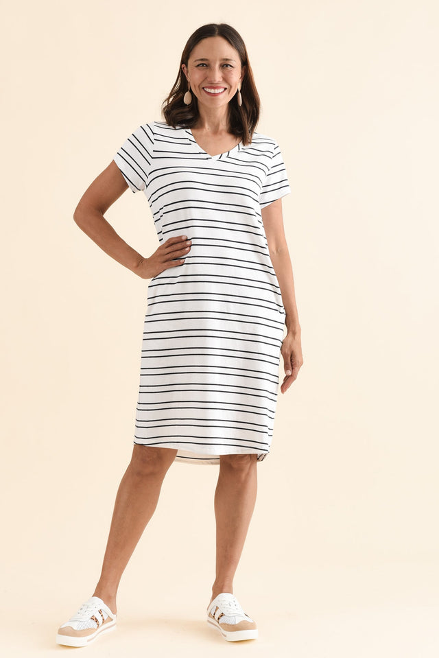Harley White Stripe Cotton Tee Dress,Full Body,Brunette model,alt text|model:Cara