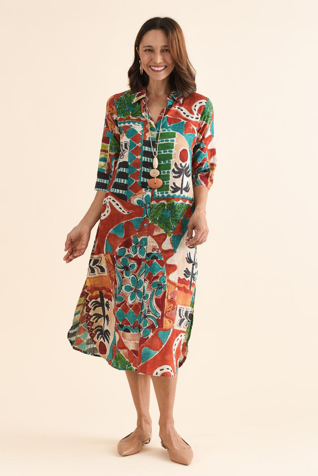 Harna Orange Tropical Organic Cotton Shirt Dress,Full Body,Brunette model,alt text|model:Cara image 6