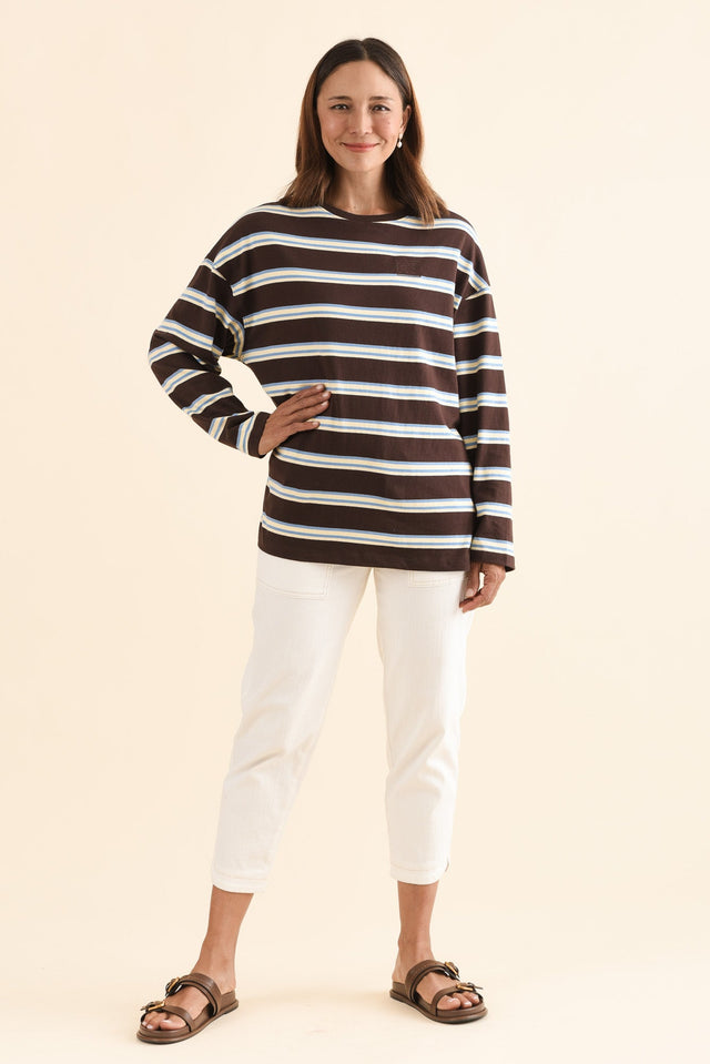 Harper Chocolate Stripe Long Sleeve Tee,Full Body,Brunette model,alt text|model:Cara image 6