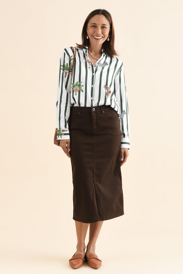 Harriet Chocolate Denim Midi Skirt,Full Body,Brunette model,alt text|model:Cara image 3