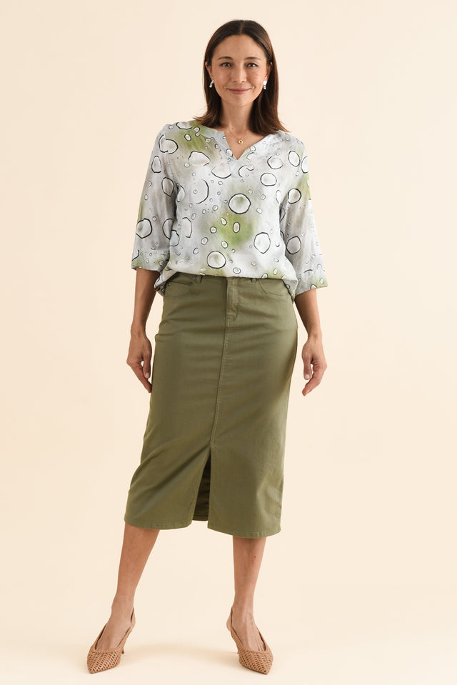 Harriet Khaki Denim Midi Skirt,Full Body,Brunette model,alt text|model:Cara image 6