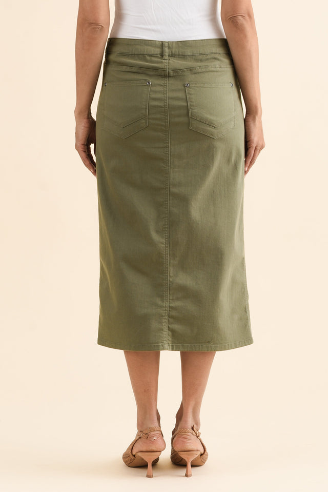 Harriet Khaki Denim Midi Skirt,Back,Brunette model,alt text|model:Cara image 4