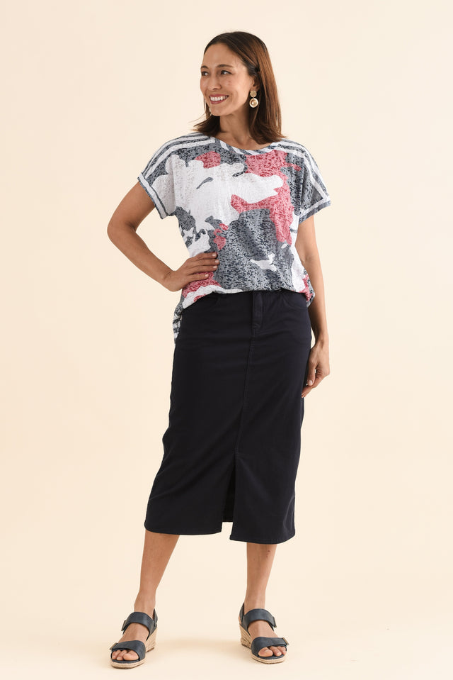 Harriet Navy Denim Midi Skirt,Full Body,Brunette model,alt text|model:Cara image 3
