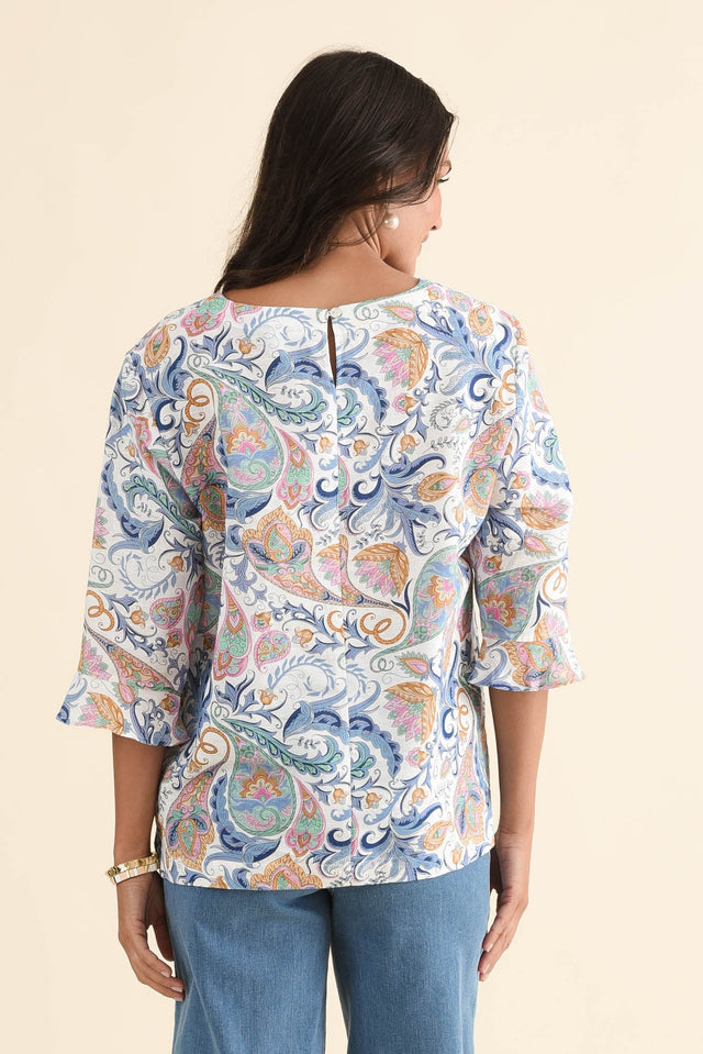 Hartley Blue Paisley Linen Blend Top,Back,Brunette model,alt text|model:Brontie image 4