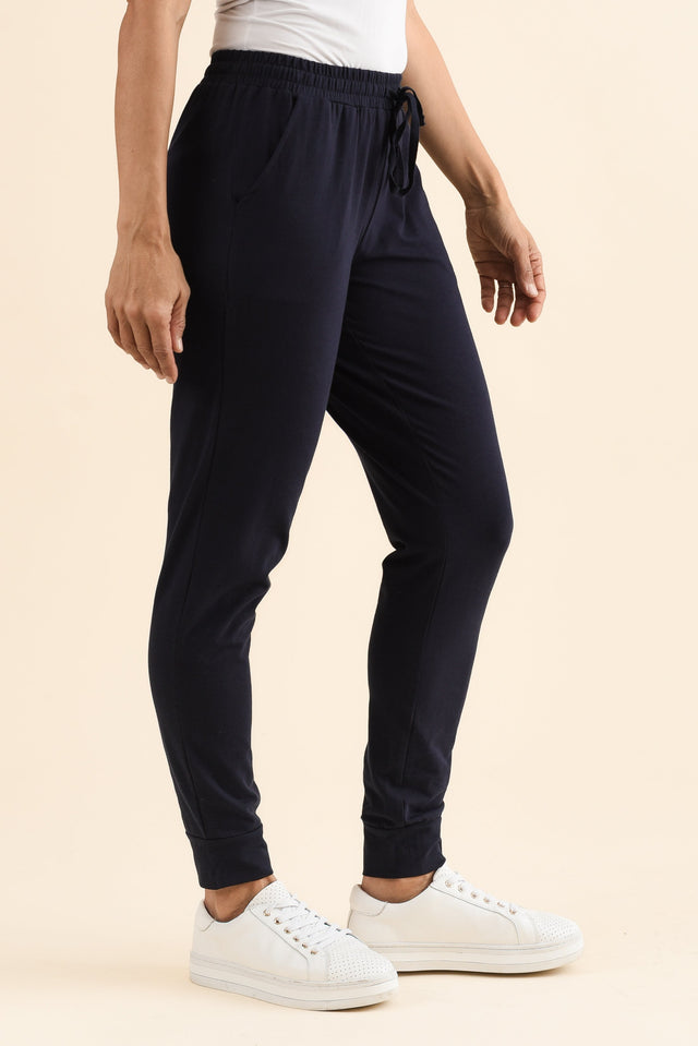 Heidi Navy Cuffed Jogger Pants,Side,Brunette model,alt text|model:Cara image 3
