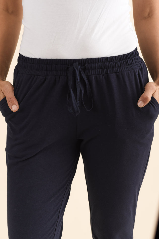 Heidi Navy Cuffed Jogger Pants,Detail,Brunette model,alt text|model:Cara image 5