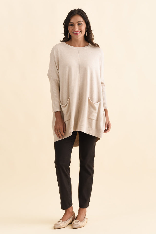 Helsinki Beige Knit Pocket Jumper,Brunette model,alt text|model:Brontie image 4