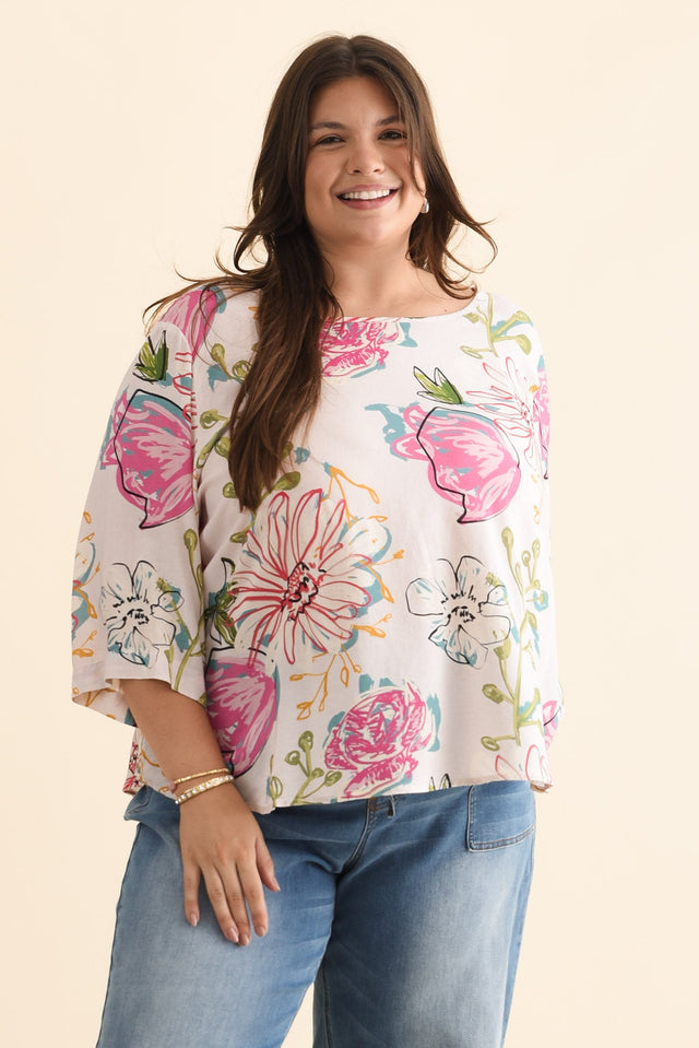 Hepburn White Blossom Linen Blend Top,Brunette model,plus-size,curve-tops,plus-size-sleeved-tops,plus-size-linen-tops,alt text|model:Gabby image 9