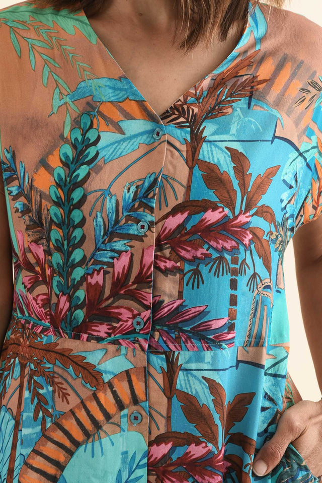 Heston Blue Tropical Button Dress,Detail,Brunette model,alt text|model:Cara image 5