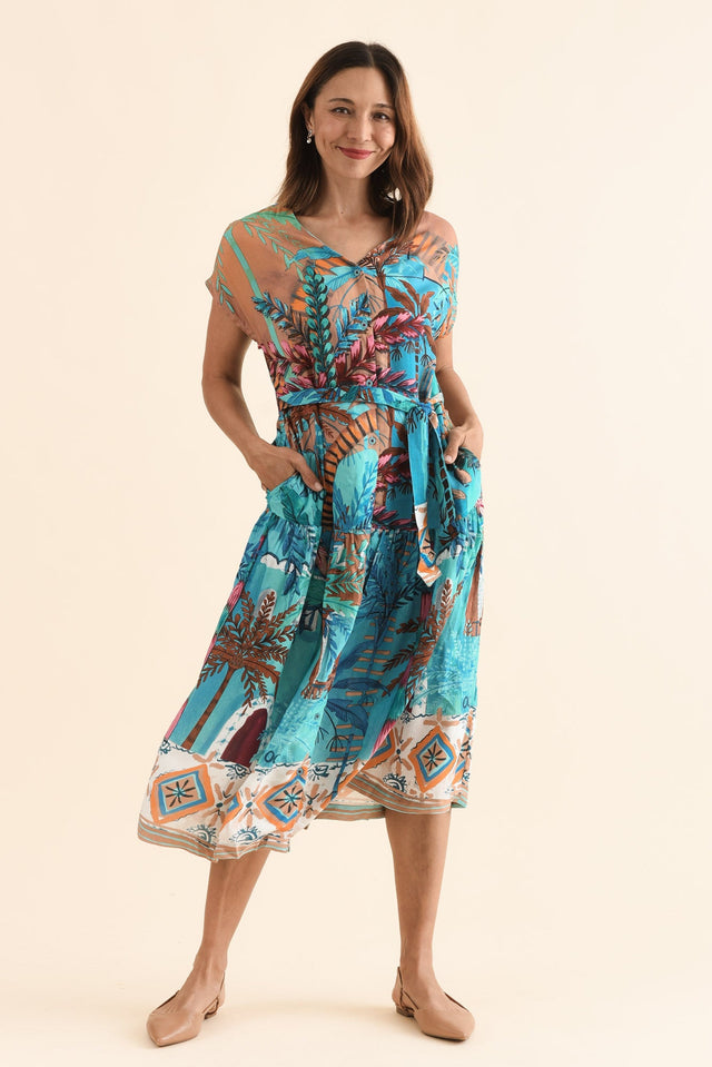 Heston Blue Tropical Button Dress,Full Body,Brunette model,alt text|model:Cara image 6