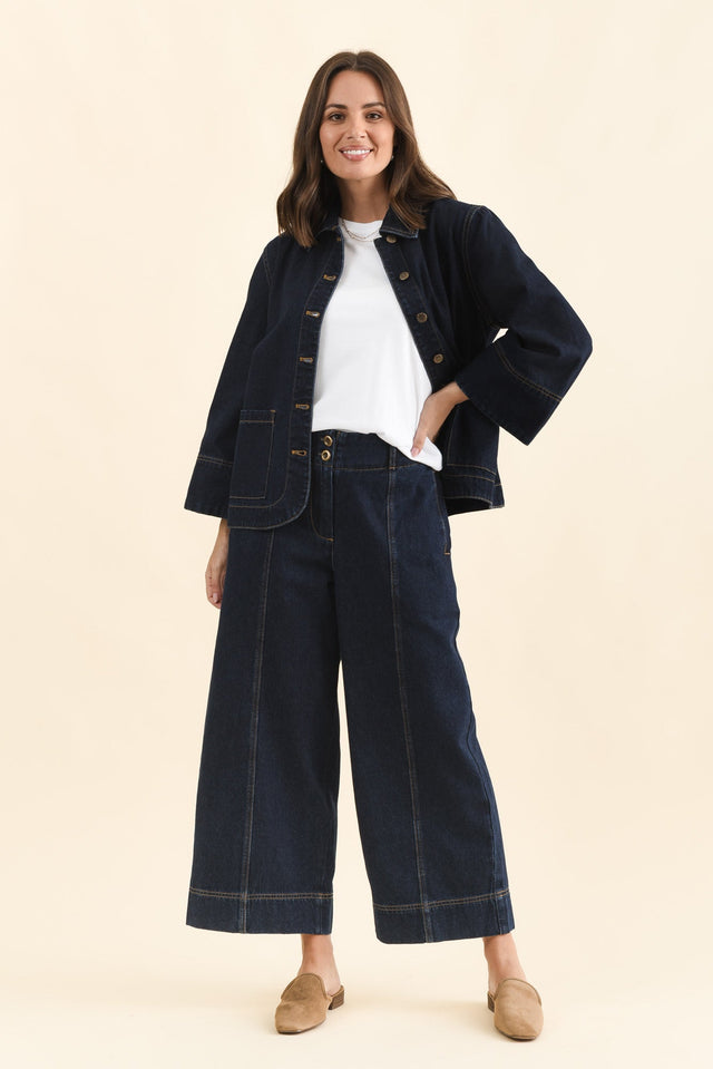 Hilary Dark Blue Denim Shacket,Full Body,Brunette model,alt text|model:MJ image 3