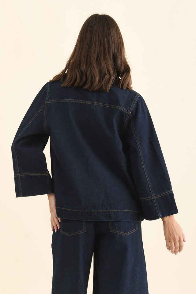 Hilary Dark Blue Denim Shacket,Back,Brunette model,alt text|model:MJ image 5