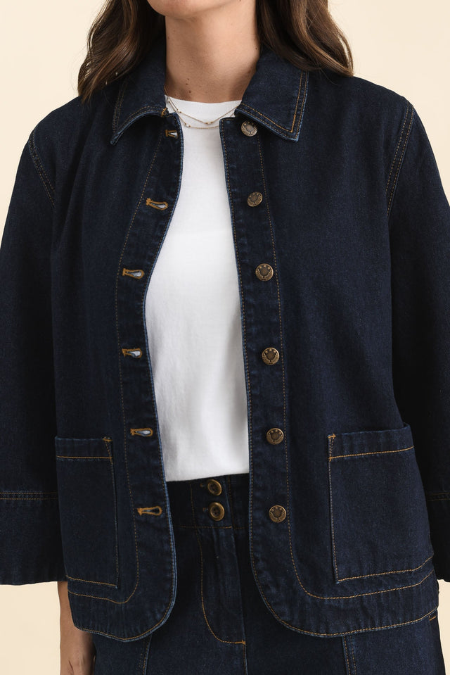 Hilary Dark Blue Denim Shacket,Detail,Brunette model,alt text|model:MJ image 6