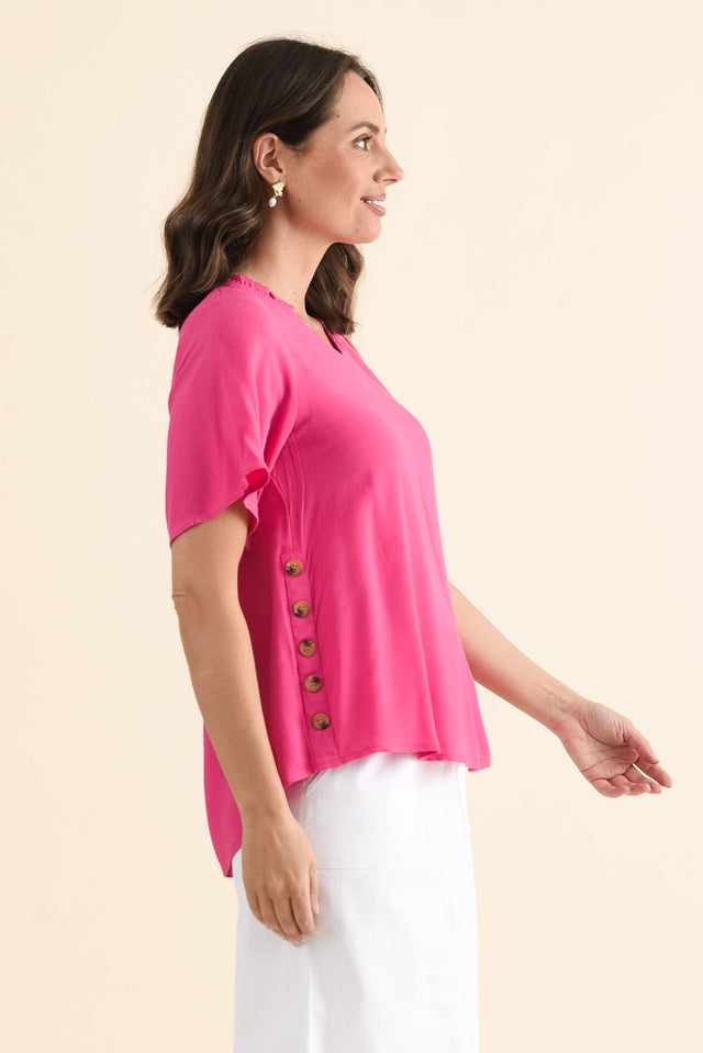 Hina Hot Pink Frill Collar Top,brunette model,Side of Outfit,alt text|model:MJ image 3