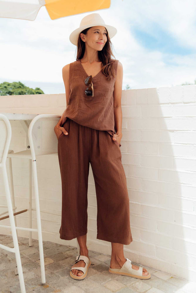 Hobart Mocha Cotton Cheesecloth Cropped Pants