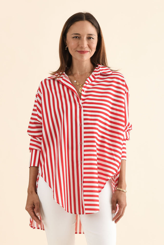 Homestead Red Stripe Cotton Shirt,Front,Brunette model,alt text|model:Cara image 1