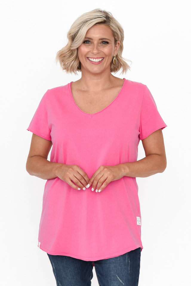 Hot Pink Cotton Fundamental Vee Tee neckline_V Neck  alt text|model:Brooke;wearing:AU 12 / US 8 image 1