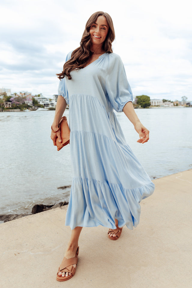 Imogene Light Blue Cotton Linen Tiered Dress