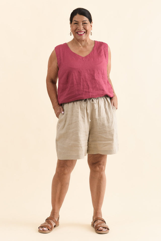 Nirah Beige Linen Pocket Shorts,Full Body,Brunette model,alt text|model:Pilita image 10