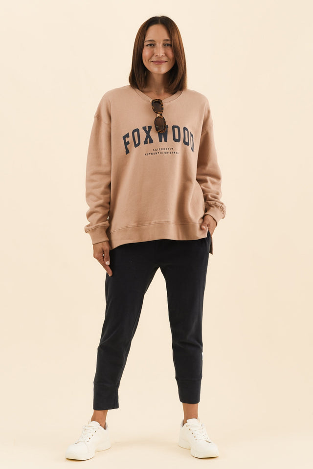 Interval Tan Crewneck Sweatshirt,Full Body,Brunette model,alt text|model:Cara