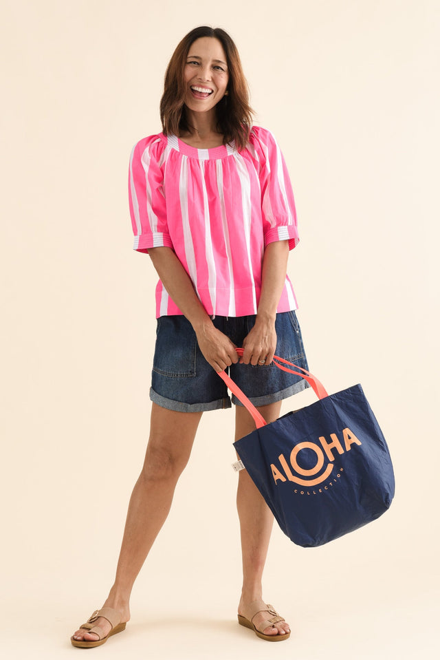 Irma Pink Stripe Cotton Top,Full Body,Brunette model,alt text|model:Cara image 2