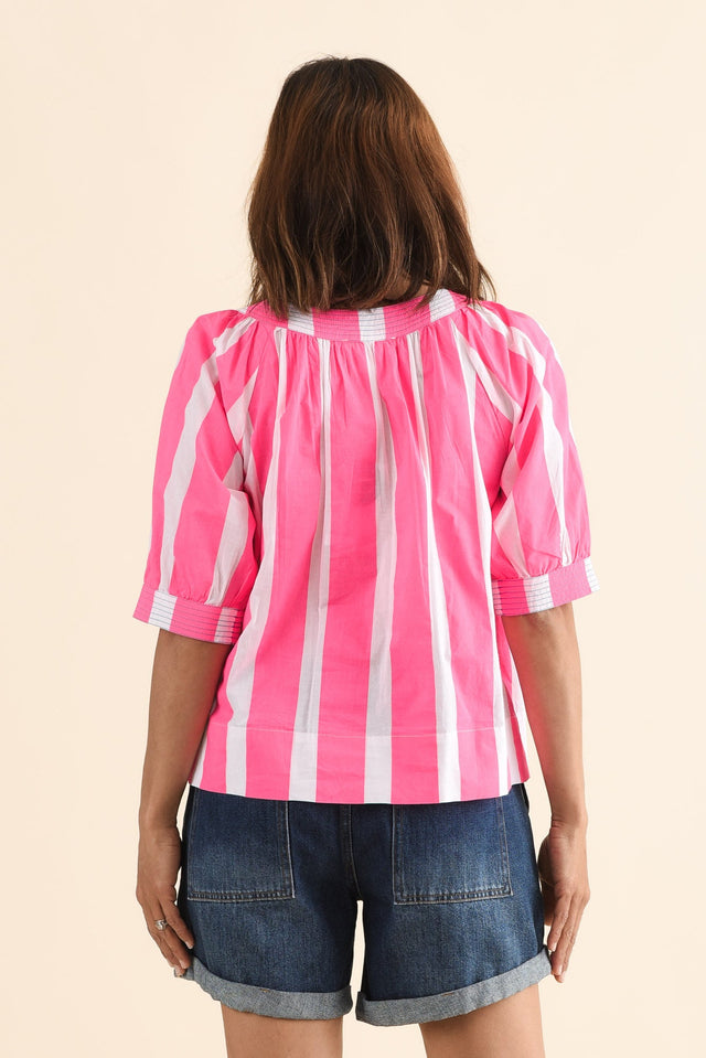 Irma Pink Stripe Cotton Top,Back,Brunette model,alt text|model:Cara image 4
