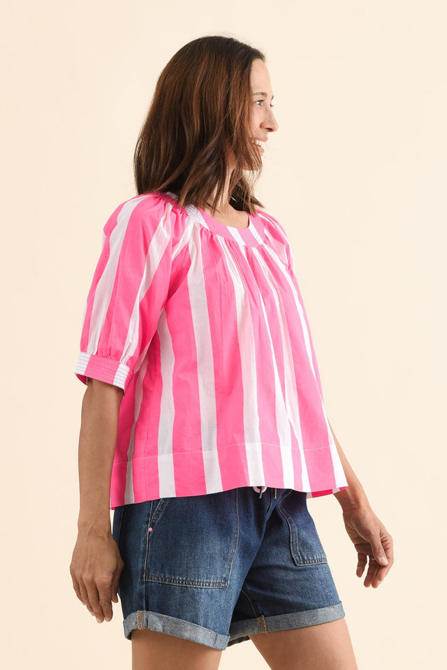 Irma Pink Stripe Cotton Top,Side,Brunette model,alt text|model:Cara image 3