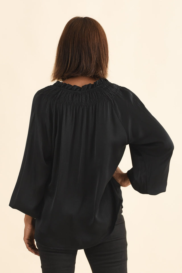 Isaac Black Silk Ruched Top,Brunette model,alt text|model:Cara image 5