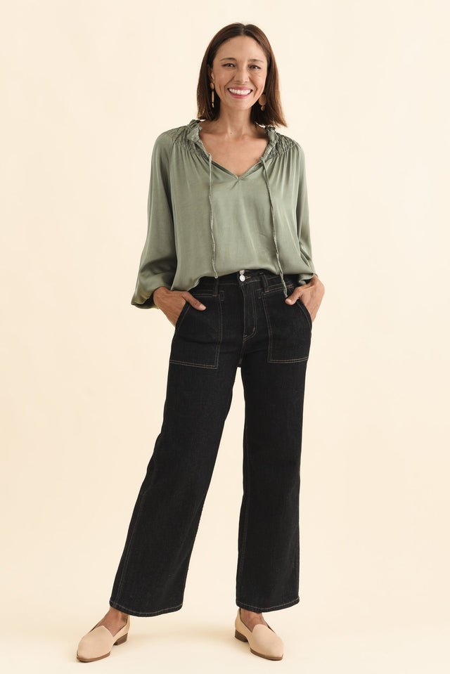 Isaac Khaki Silk Ruched Top,Brunette model,alt text|model:Cara image 8