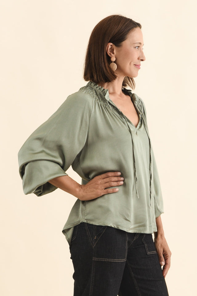 Isaac Khaki Silk Ruched Top,Brunette model,alt text|model:Cara image 5