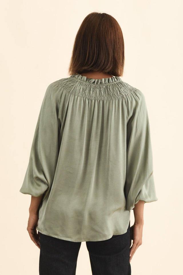 Isaac Khaki Silk Ruched Top,Brunette model,alt text|model:Cara image 6