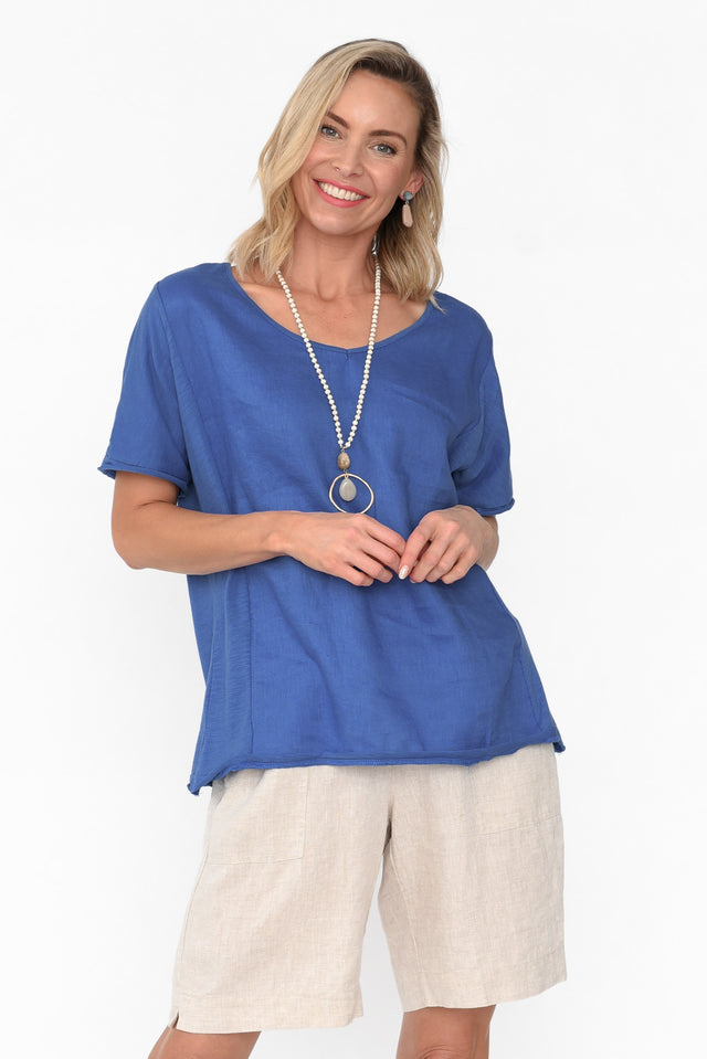 Ishana Cobalt Linen Cotton Top neckline_V Neck  alt text|model:Brontie;wearing:S/M image 1